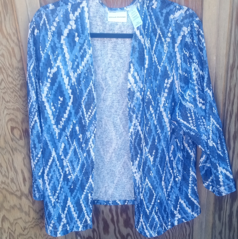 Alfred Dunner Blue Cardigan with Geometric Pattern